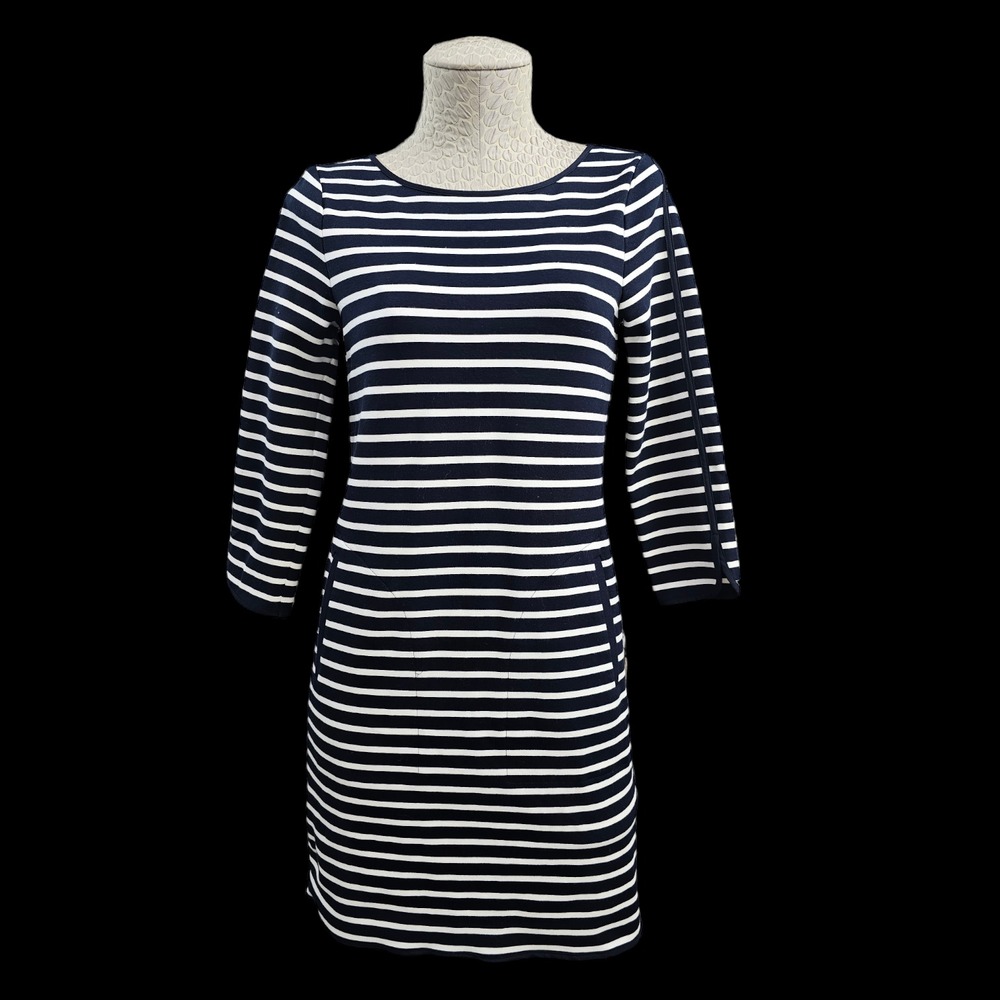 Lands' End 2 Navy White Striped 3/4 Sleeve Shift Sheath‎ Dress Nautical EUC